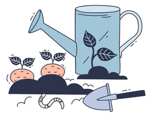 Illustration of a watering can, seedlings, and shovel symbolizing growth and gardening.