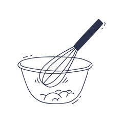 A whisk in a bowl symbolizes baking and mixing ingredients.