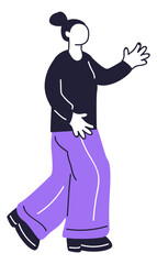 Illustration of a woman walking and gesturing, symbolizing communication and movement.