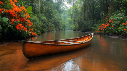 Orange Canoe on Calm Jungle River