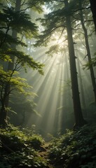 Obraz premium A serene forest scene where golden sunbeams filter through the lush green canopy, casting dappled light on the forest floor, highlighting vibrant foliage and creating a tranquil atmosphere.
