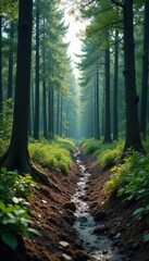 Obraz premium Muddy forest landscape with decaying trees and overgrown vegetation, wilderness, nature, earthy