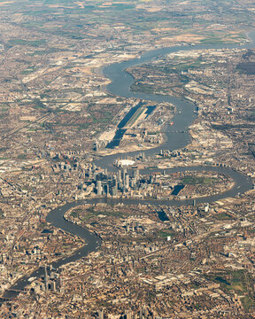 Aerial view of the City of London and the River Thames in England