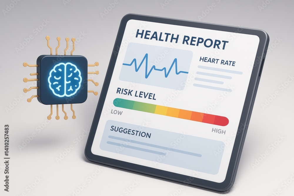 Poster digital health report: a sleek tablet displays a health report with vital signs and risk levels, com