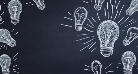 Chalkboard with scattered lightbulb sketches, emphasizing idea generation