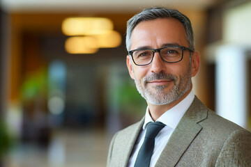Fototapeta premium Male receptionist working at modern front desk in professional environment, smiling and engaging with visitors, generative AI