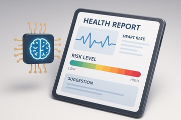 Digital Health Report: A sleek tablet displays a health report with vital signs and risk levels, complemented by an illustrative brain-shaped chip, reflecting modern healthcare and technology.