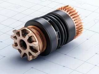 Explodedview schematic of a brushed DC motor, showcasing commutator and brush assembly