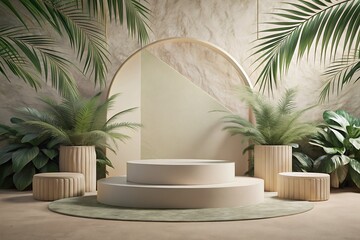 Serene oasis: a minimalist sanctuary bathed in soft, natural light, showcasing a calming display of lush greenery and neutral tones on a circular platform.