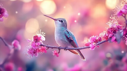 Obraz premium Colorful bird perched on a blooming branch amidst a dreamy floral background