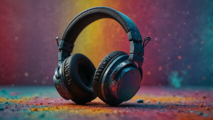 Headset headphones on colorful pastel splash background. Minimal abstract party, fun and love for music concept. Lifestyle and design idea. Copy space.	