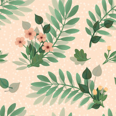 Seamless floral pattern with leaves and flowers. Suitable for fabric, gift wrap, wallpaper. Watercolor effect. Vector illustration