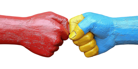 Colorful Painted Fist Bump Gesture Showing Unity and Solidarity with Red, Yellow and Blue Body Art Design Isolated on Transparent and White Background