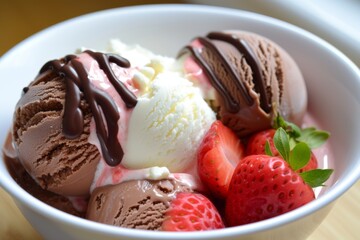 Close-up of ice cream with strawberries in white bowl