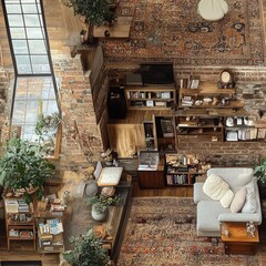 Interior view of a cafe with seating area plants and brick walls.