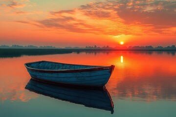 Naklejka premium Peaceful Sunrise Over Calm Lake with Rowboat