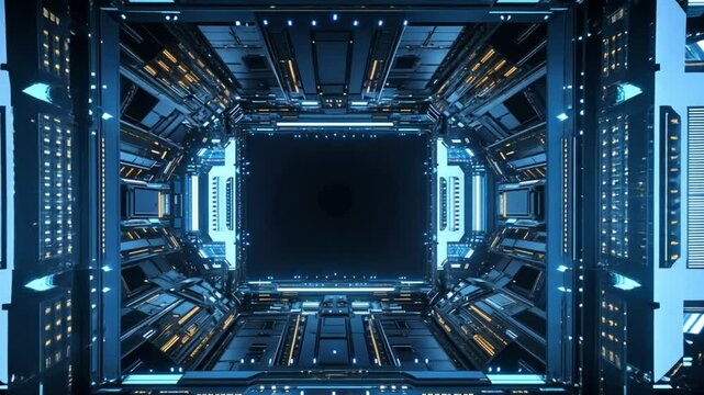 Futuristic Sci-Fi Corridor: Glowing Blue and Orange Tech Tunnel