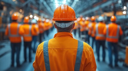Factory workers in orange uniform