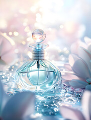 A perfume bottle on blue and white background with flowers