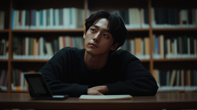 Contemplative student in library study session quiet atmosphere