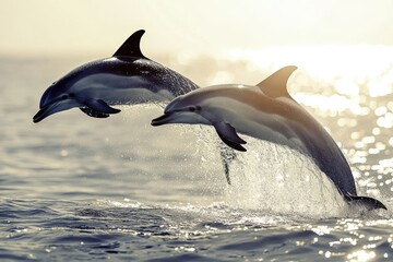 Naklejka premium Dolphins leap gracefully amid shimmering ocean waves at sunset, captivating nature's beauty in an exhilarating display of freedom and joy