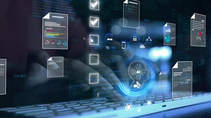 Ai Futuristic Document management concept, check electronic documents on digital documents on virtual screen Document Management System and process automation to efficiently document paperless operate - Powered by Adobe