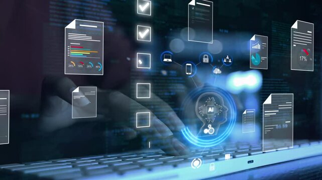 Ai Futuristic Document management concept, check electronic documents on digital documents on virtual screen Document Management System and process automation to efficiently document paperless operate - Powered by Adobe