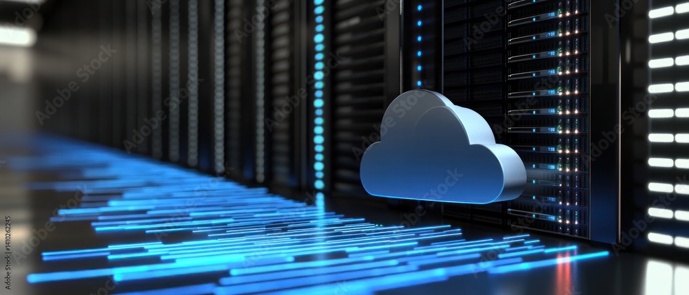 Poster cloud computing data center with illuminated servers