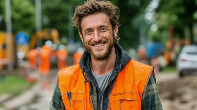 A young man wearing an orange safety vest on a construction site.