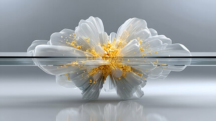 Abstract white flower with gold particles, submerged in clear water