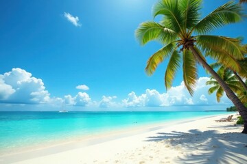 Sunny day on tropical beach with palm trees and turquoise water, sandy, sun
