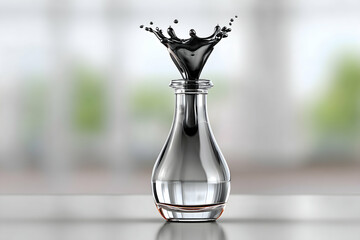 Dark liquid splashing into a clear glass vase on a blurred background