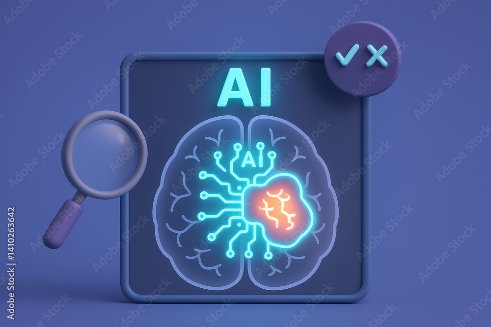 Poster ai brain scan: artificial intelligence concept with glowing brain scan image, magnifying glass, and 