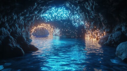 A mysterious cave filled with glowing lights and reflective water