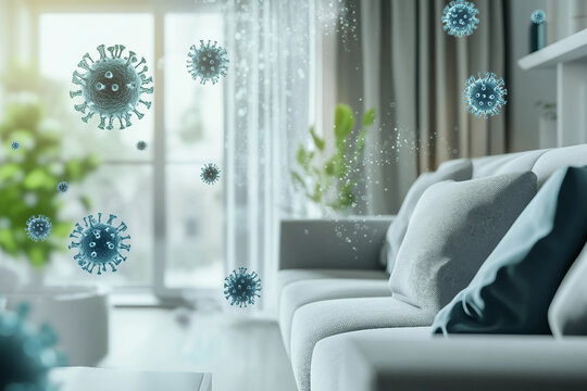 Airborne Bacteria And Viruses Floating Inside A Modern Home Living Room Generative AI - Powered by Adobe