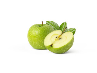Green fresh apple with leaves and water droplets isolated. Granny smith apple and a half with leaf.