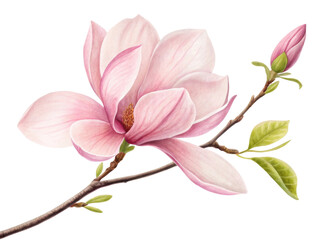 Fototapeta premium beautiful magnolia flower blooms gracefully, showcasing delicate pink petals and vibrant green leaves, symbolizing elegance and renewal