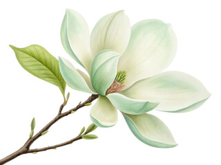 Obraz premium beautiful magnolia flower blooms gracefully with soft green petals and delicate leaves, symbolizing elegance and tranquility