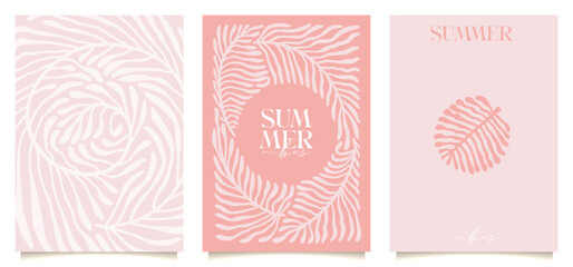 Minimalistic simple naive and hippie groovy style posters set - tropic plants, palm leaves design templates, frames and prints with copy space for text for covers, ad. Vector boho illustration.