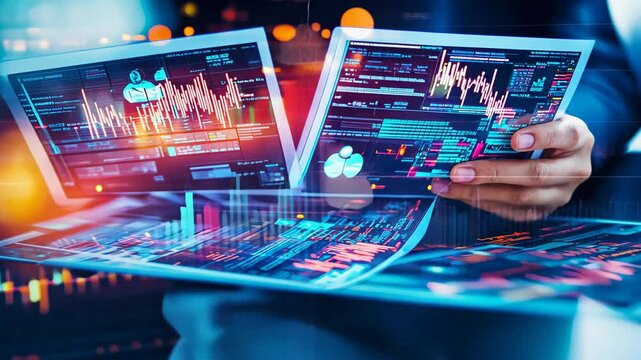 Financial data analysis on screens. Charts, graphs, stock market info, and trends are displayed