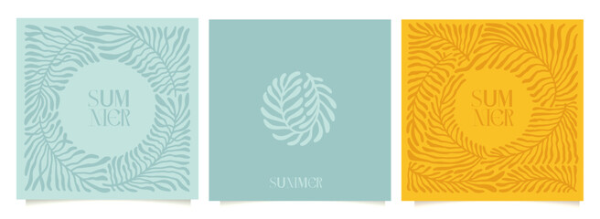 Retro groovy floral square summer cards in wavy and naive style. Organic shapes, monochrome palm leaves print for poster, social media or packaging. Botanic abstract flat vector illustration