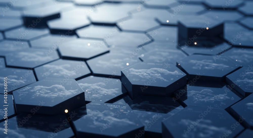 Poster Hexagonal Tiles Reflecting Clouds and Sky Creating Abstract Pattern