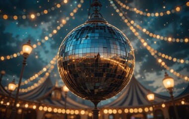 Obraz premium A shimmering mirror ball dangles gracefully from the ceiling, reflecting colorful lights that dance across the room, creating a vibrant and festive atmosphere perfect for celebrations.