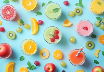 Colorful Fruit Juices and Slices on Blue Surface with Fresh Ingredients