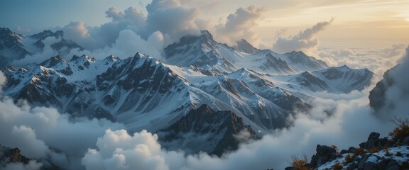 A breathtaking mountain range stretches across the horizon, with majestic peaks partially shrouded in fluffy white clouds, creating a stunning contrast against the deep blue sky.