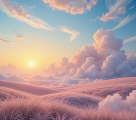 A vibrant painting captures a breathtaking sunset, with fluffy clouds painted in hues of orange, pink, and purple, gently contrasting against a lush green grass foreground.