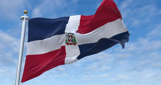 Dominican Republic flag with flagpole waving in wind, rolling clouds background looping, 4K video (Perfect Loop)