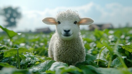 Obraz premium Adorable lamb standing in a lush green field under a clear blue sky