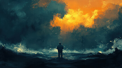 Fototapeta premium Silhouette of a Man with a Spear Facing a Fiery Stormy Ocean at Night