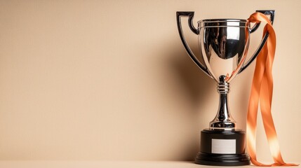 A gleaming silver trophy with an orange ribbon stands proudly against a soft beige background, symbolizing achievement and victory, ready for an inscription or award presentation.
